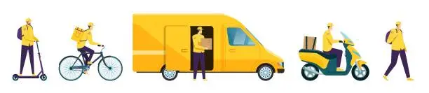 Vector illustration of Couriers riding bicycle and scooter, online delivery service. Courier carrying package, unloading van, delivery man on motorbike vector set