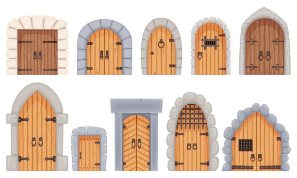 만화 중세 성 입구 게이트와 던전 문. 돌 서라운드가있는 오래된 나무 문, 고대 성 출입구 또는 게이트 벡터 세트 - castle gate stock illustrations