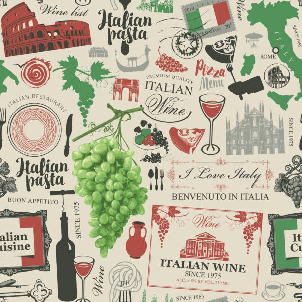 nahtloses muster zum thema der italienischen küche - italian culture stock-grafiken, -clipart, -cartoons und -symbole