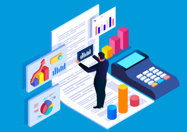 会計財務アナリスト、データ分析、データ分析データのフォームに立つ等角化ビジネスマン、電卓。 - business data spreadsheet chart点のイラスト素材／クリップアート素材／マンガ素材／アイコン素材