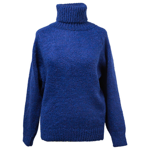 voluminous blue woolen sweater, with a high collar, on a white background