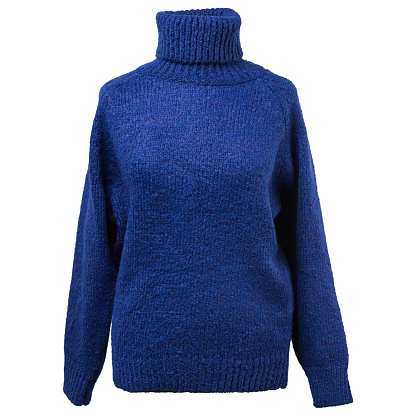 voluminous blue woolen sweater, with a high collar, on a white background, isolate