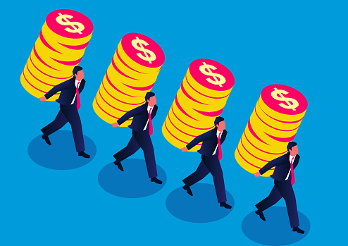 Isometric businessman carrying piles of gold coins, businessman working to make money, white and blue collar