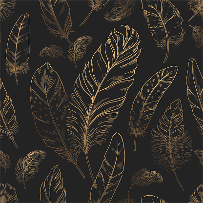 Feather pattern. Seamless texture with hand drawn bird quills. Golden plumage sketch. Black textile print design with animal wing elements. Swan or goose plume. Vector luxury decoration background