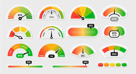 Meter level. Score measure graphic dial with different colors. Speedometer gauge indicator or customer satisfaction metering graph. Isolated progress scale with arrows. Vector rating infographics set