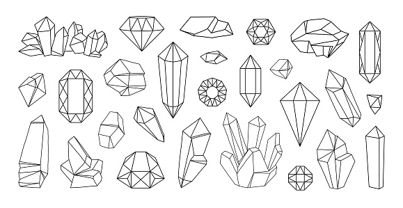 Line diamond jewels. Outline crystal gemstone. Quartz precious stones. Black contour gem shapes. Rubies and sapphires. Isolated faceted treasure brilliants. Natural minerals. Vector doodle rocks set