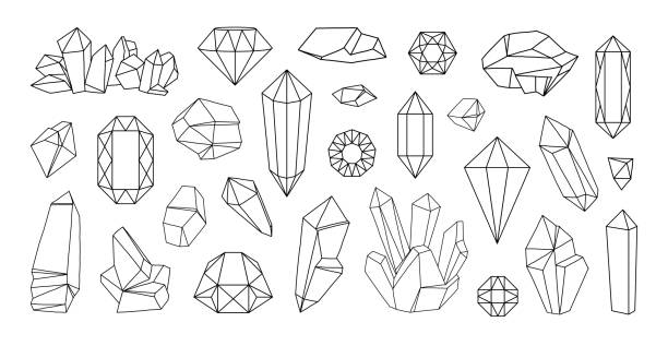 Line diamond jewels. Outline crystal gemstone. Quartz precious stones. Black contour gems. Rubies and sapphires. Faceted treasure brilliants. Natural minerals. Vector doodle rocks set Line diamond jewels. Outline crystal gemstone. Quartz precious stones. Black contour gem shapes. Rubies and sapphires. Isolated faceted treasure brilliants. Natural minerals. Vector doodle rocks set crystal stock illustrations