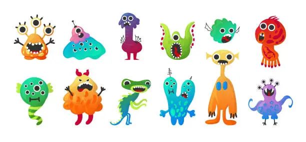 Vector illustration of Alien monster. Cartoon baby space creature characters. Friendly beast mascot. Scary mutants collection. Colorful gremlins and goblins with eyes. Comic demons. Vector virus pathogens set