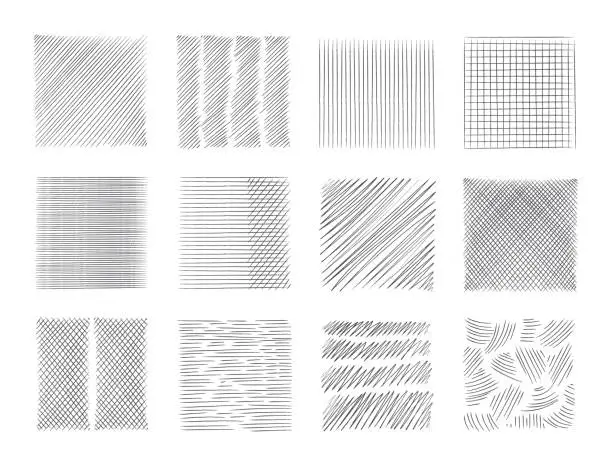 Vector illustration of Pencil sketch line. Pen scribble effects. Doodle freehand sketchy clipart. Messy hand drawn monochrome pattern. Square shapes with outline ornaments. Vector black hatching textures set