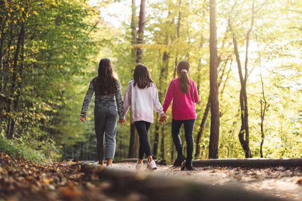 istock Three best friends holding hand while on a walk in the forest 1364209915