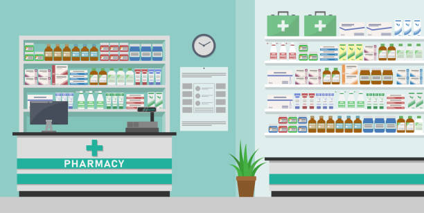 Modern interior pharmacy or drugstore with the counter. Medicine pills capsules bottles vitamins and tablets. vector illustration in flat style vector art illustration
