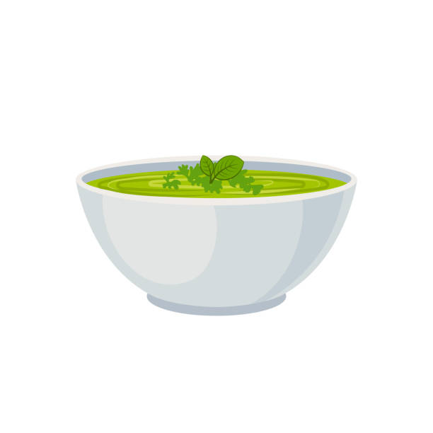 vector bowl of green cream soup, vegetable soup icon izolowana na białym tle. - soup zucchini spinach cream stock illustrations