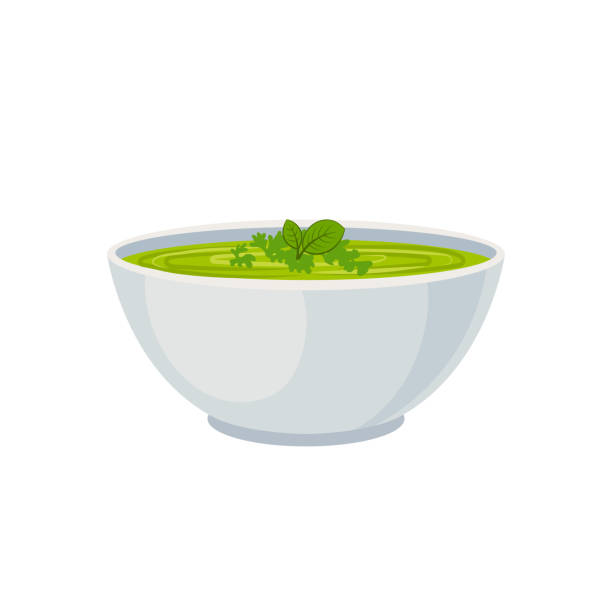 векторная тарелка зеленого крем-супа, значок овощного супа, изолированный на белом фоне. - soup zucchini spinach cream stock illustrations