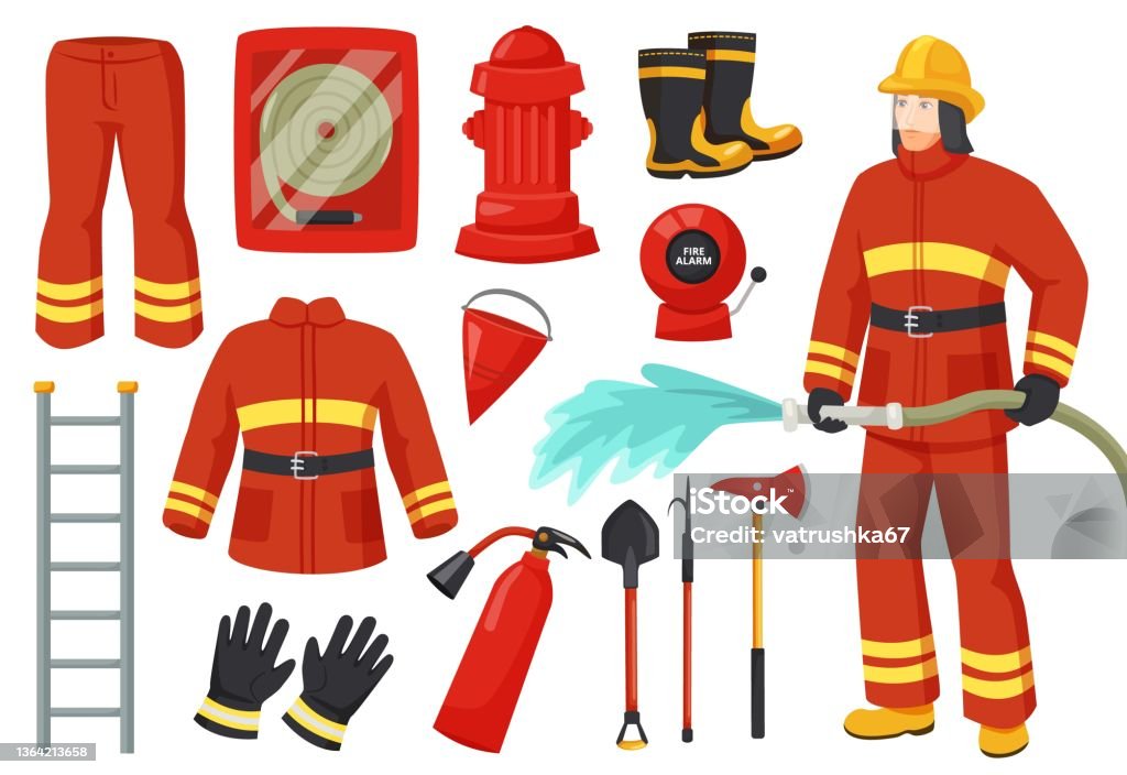 Cartoon Firefighter Character With Fire Fighting Equipment And Tools  Fireman Uniform Hydrant Fire Alarm Extinguisher Firehose Vector Set Stock  Illustration - Download Image Now - iStock