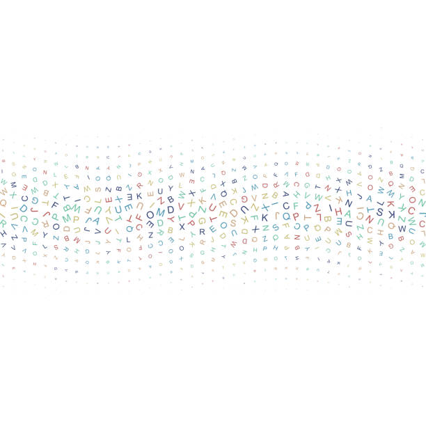 ilustrações, clipart, desenhos animados e ícones de faixa horizontal de onda sinusa colorida de caracteres rotativos do alfabeto de diferentes tamanhos no padrão de grade - cosinus