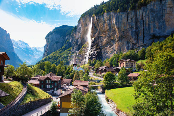 Lauterbrunnen valley, Switzerland Spectacular view of Lauterbrunnen valley on a bright sunny day, Switzerland valley stock pictures, royalty-free photos & images