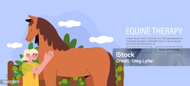 istock Cute little child or kid girl hug horse. Animals therapy. Feed and take care of pets. Vector cartoon flat character illustration banner, website or web page. Horse riding club advertisement. 1364218113