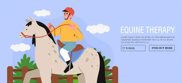 Vector illustration of Cute little child or kid rides horse, young jockeys and equines, animals therapy. Feed and take care of pets. Vector cartoon flat character illustration banner, website or web page. Horse riding club.