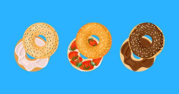 illustrazioni stock, clip art, cartoni animati e icone di tendenza di set vettoriale di diversi bagel ripieni di crema, pesce, cioccolato. - bagel bread isolated circle