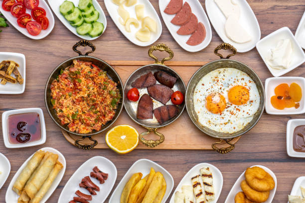 istock Traditional Turkish Breakfast served with traditional turkish tea on stone table 1364218368