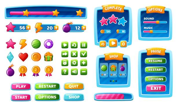 Game ui elements, mobile app interface buttons, icons and panels. Cartoon gui assets, games menu design interface elements vector set vector art illustration