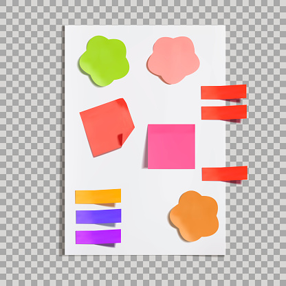 Vector White Paper with Colorful Memo Stickers, Bright Colors, Different Papers Isolated on Transparent Background.