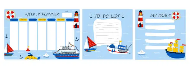 Vector illustration of Weekly planner. Marine cartoon notebook sheet, to do list and goals template, ships and boats for boys, water transport childish stationery design, sailing yacht, sailboat and submarine vector concept