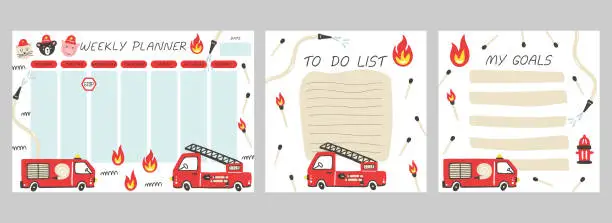 Vector illustration of Weekly planner. Firefighter cartoon notebook sheet, to do list and goals template, cars poster for boys, city transport childish stationery design, red auto, fire and truck, vector isolated concept