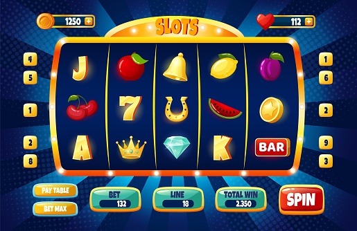 Casino slot machine game ui design, gambling mobile app concept. Cartoon slots icons and buttons, online casinos games gui vector template. Trying luck, winning prize in application