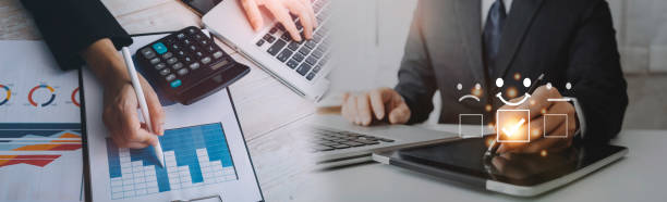 istock Customer service evaluation concept. Businessman pressing face smile emoticon show on virtual screen. Survey, poll or questionnaire for user experience or customer satisfaction research. 1364220498