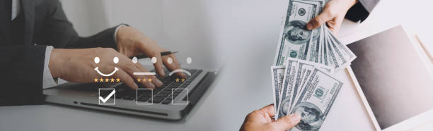 istock Customer service evaluation concept. Businessman pressing face smile emoticon show on virtual screen. Survey, poll or questionnaire for user experience or customer satisfaction research. 1364220651