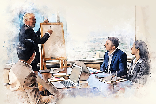 Abstract colorful business teamwork discuss and meeting in meeting room on watercolor illustration painting background.