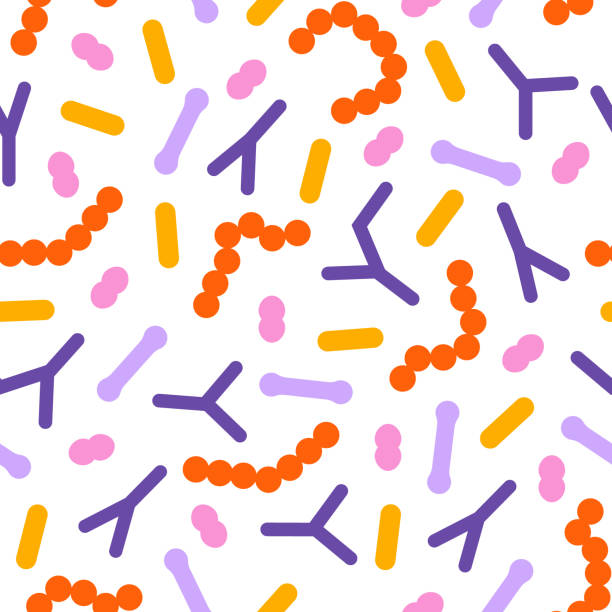 Microbiome seamless pattern. Probiotic bacteria print - lactobacillus, bifidobacteria, acidophilus. Microbiome seamless pattern. Probiotic bacteria print - lactobacillus, bifidobacteria, acidophilus. Flat biology illustration. probiotic pattern stock illustrations