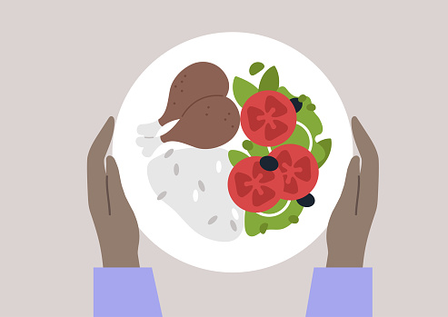 Hands holding a plate with a balanced main course: chicken meat, rice and vegetable salad