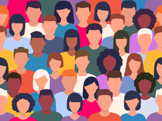 People crowd colorful pattern People crowd colorful pattern. Diverse multicultural group of people standing together seamless pattern. Vector human illustration. crowd of people backgrounds stock illustrations
