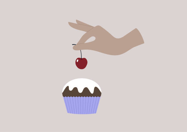 ilustraciones, imágenes clip art, dibujos animados e iconos de stock de una mano poniendo una cereza dulce roja encima de un muffin con un glaseado de vainilla - muffin cupcake cake chocolate