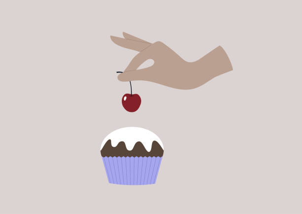 ilustrações de stock, clip art, desenhos animados e ícones de a hand putting a red sweet cherry on top of a muffin with a vanilla icing - cake pick