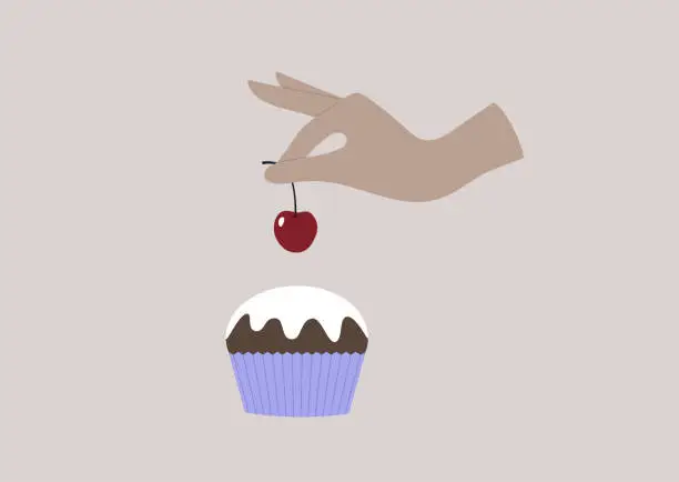 Vector illustration of A hand putting a red sweet cherry on top of a muffin with a vanilla icing