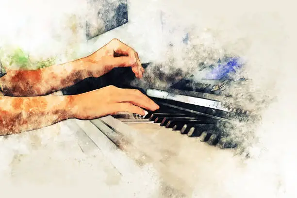 Photo of Abstract colorful young woman playing piano keyboard on watercolor illustration painting background.