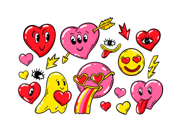 ilustrações de stock, clip art, desenhos animados e ícones de valentines day love sticker pack with modern weird characters. vector illustration - needlecraft product illustrations