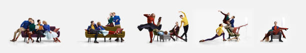 istock Creative collage. People in btight colorful cloth dancing ballet, sitting on coach isolated over gray background 1364227319