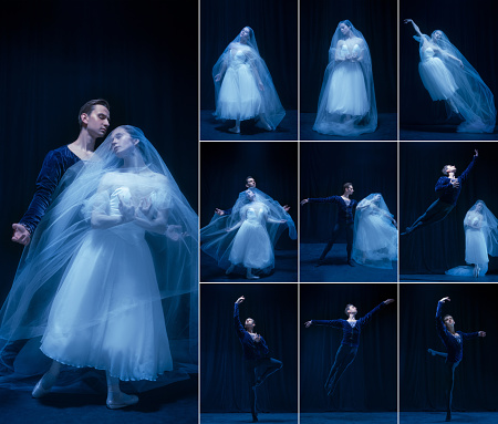 Collage of young beautiful woman and man, professional ballet dancers making performance isolated over dark background in neon. Concept of love, relationship, beauty, art and theater.