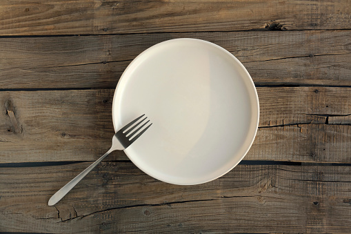 Empty plate on wood background.