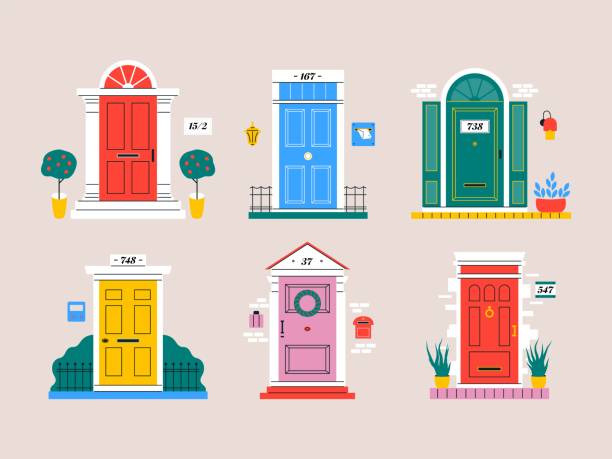 ilustrações, clipart, desenhos animados e ícones de portas vintage abstratas. entrada com anel de porta, número da casa e janelas. conjunto vetorial - house numbering