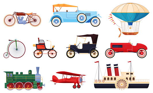 Vintage passenger transport collection vector flat illustration. Set boat, car, motorbike, airship or dirigible, bicycle, airplane corncob, locomotive isolated. Retro transportation for riding motion