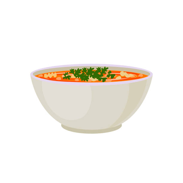 ilustraciones, imágenes clip art, dibujos animados e iconos de stock de vector minestrone soup illustration, pasta soup, italian cuisine, bowl of red soup isoalted. - minestrone