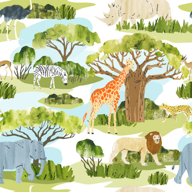 illustrations, cliparts, dessins animés et icônes de motif vectoriel sans couture avec des animaux africains. animaux sauvages et arbres isolés sur fond blanc. - lion safari africa animal