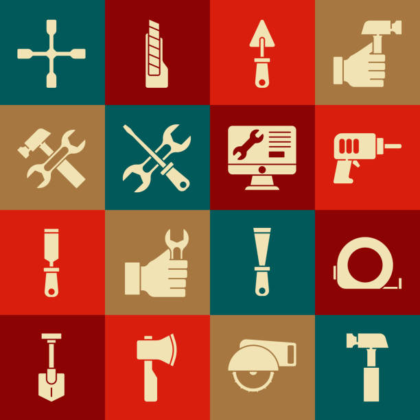 set hammer, roulette-konstruktion, elektrische bohrmaschine, kelle, schraubendreher und schraubenschlüssel, rad und computermonitor service-symbol. vektor - ruler wood instrument of measurement measuring stock-grafiken, -clipart, -cartoons und -symbole