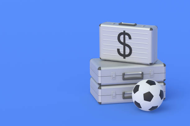 Soccer ball near money briefcase. Prize fund. Sports betting. Winning the totalizator. Transfer cost. Purchase, sale of football club. Sports Equipment. Fair play. Penalties and sanctions. 3d render balón de fútbol cerca del maletín de dinero. fondo de premios. apuestas deportivas. ganar el totalizador. costo de transferencia. compra, venta de club de fútbol. equipamiento deportivo. juego limpio. sanciones y sanciones. renderizado 3d
