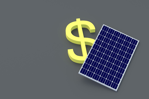 Lending for the development of green energy. The cost of clean electricity. Power plant profitability. Renewable energy investment. Dollar symbol and solar panel. Copy space. 3d render